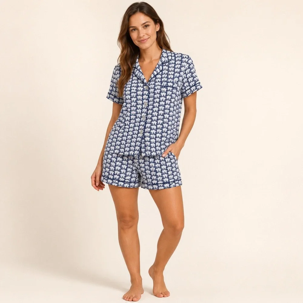 Roller Rabbit Hathi Blue Elephant Pima Cotton Pajama Set Shorts Top Womens Small